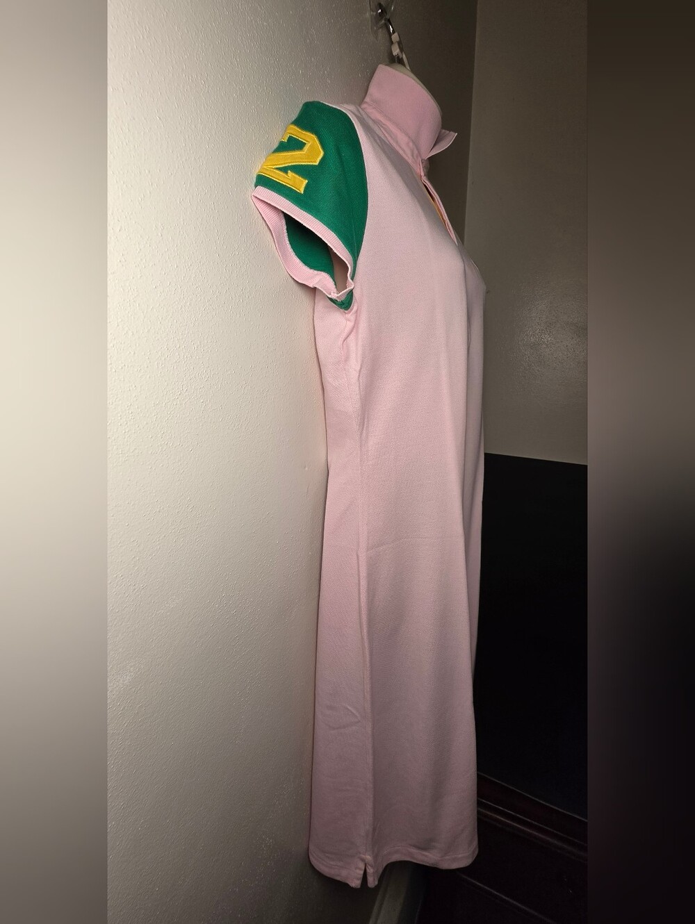 Ralph Lauren Light Pink Polo Midi Dress with Green and Navy Sleeves - Picture 4 of 9